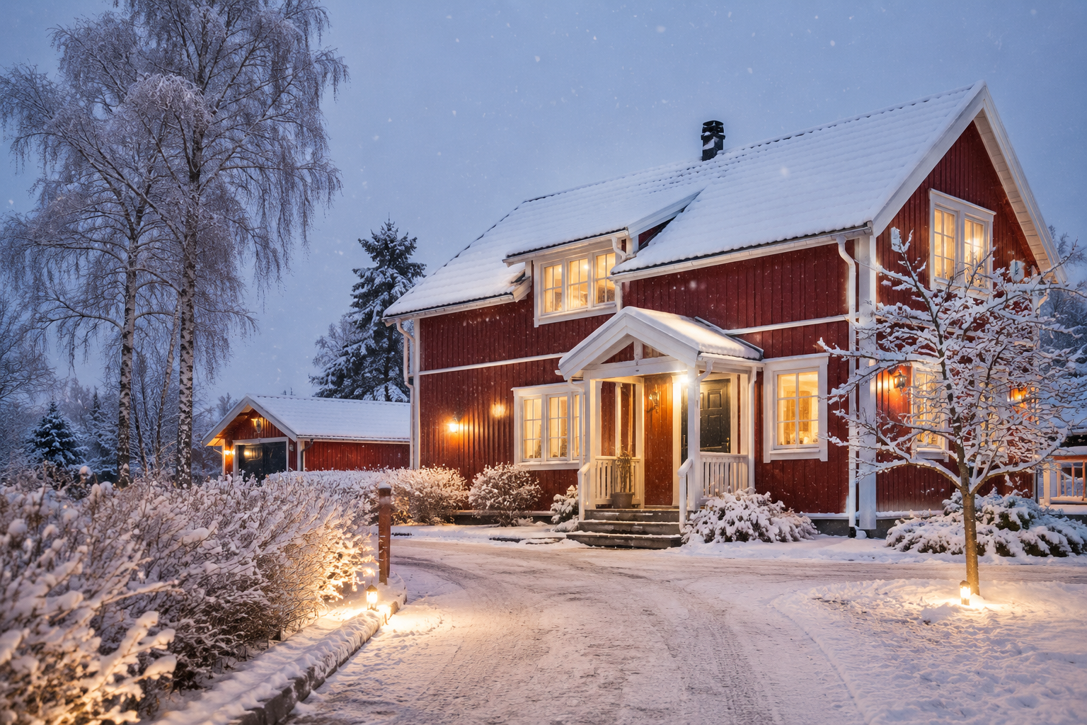 Mysigt rött hus en vinterkväll